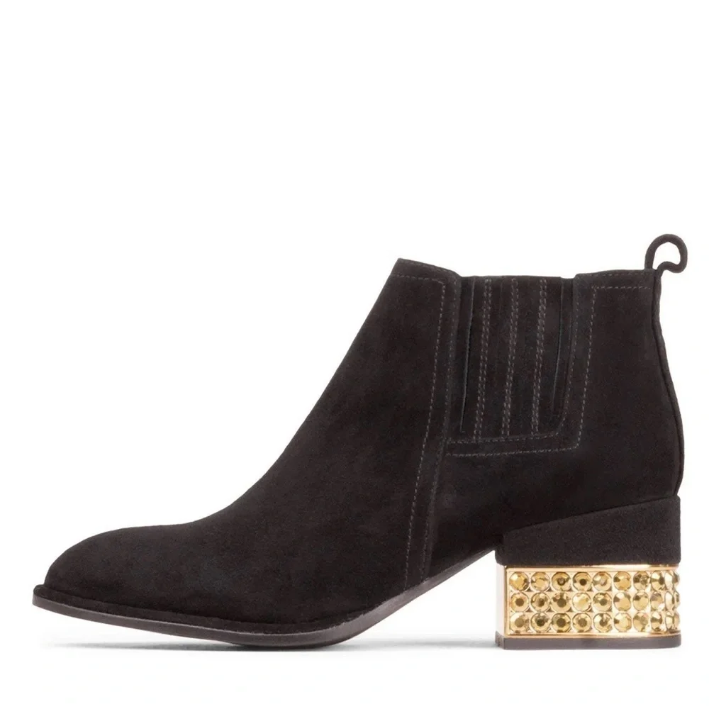 Jeffrey Campbell Metcalf-J2 Black Suede Chelsea Ankle Bootie Jeweled Heel